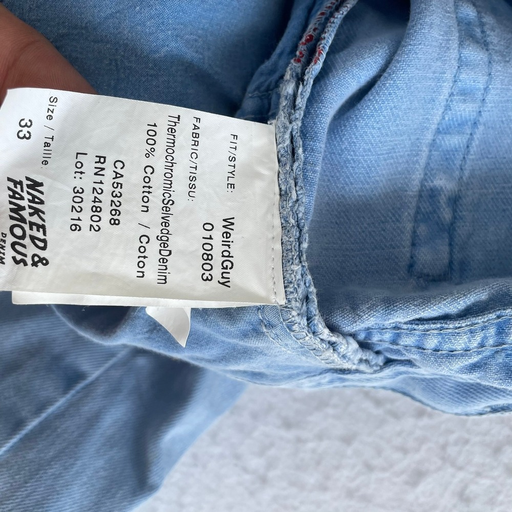 Naked & Famous Weird Guy Jeans Mens 33 Light Blue Thermochromic Selvedge Denim - Picture 7 of 11